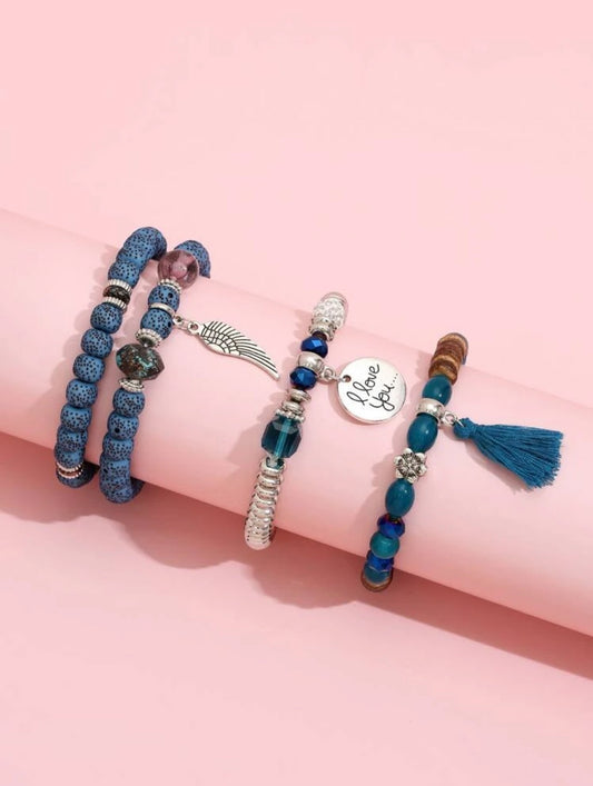 4pcs Stylish Blue Beaded Plastic Bracelet